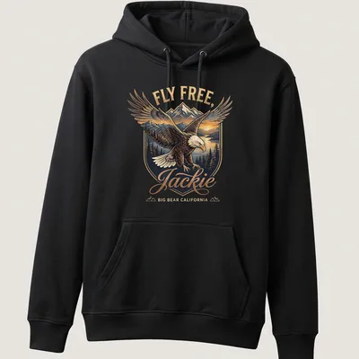 Vintage emblem print featuring a Bald Eagle with the text Fly Free, Jackie Big Bear California — printed on a unisex hoodie