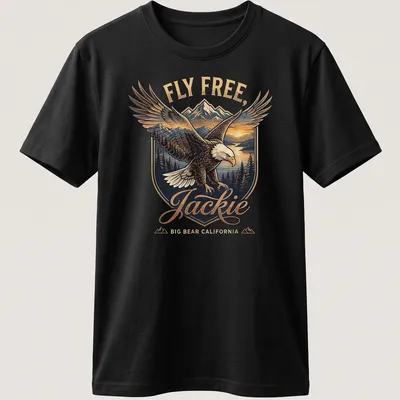 Vintage emblem print featuring a Bald Eagle with the text Fly Free, Jackie Big Bear California
