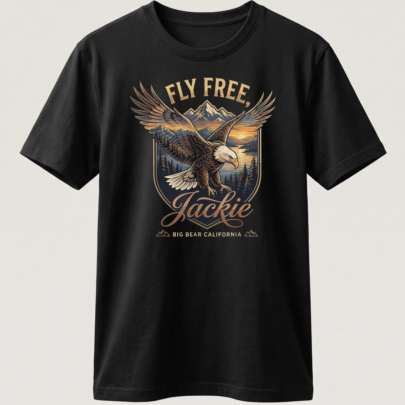 Vintage emblem print featuring a Bald Eagle with the text Fly Free, Jackie Big Bear California — printed on a unisex t-shirt