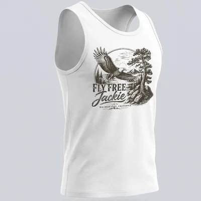 Vintage eagle graphic with text reading 'FLY FREE, Jackie BIG BEAR LAKE, CALIFORNIA' in black, white, and gray — printed on a tank top