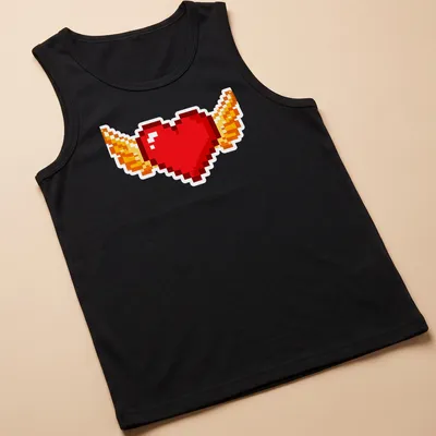 Retro pixel art t-shirt featuring a flying heart with wings in bright colors — printed on a tank top