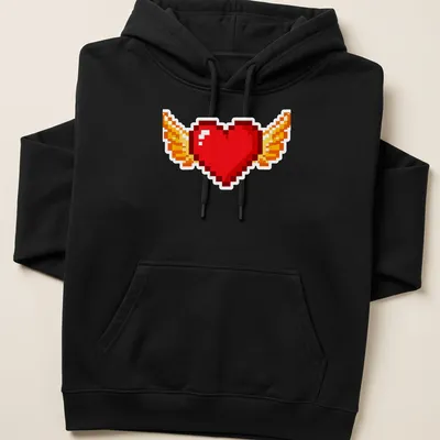 Retro pixel art t-shirt featuring a flying heart with wings in bright colors — printed on a unisex hoodie