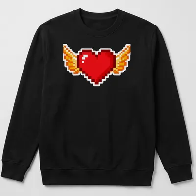 Retro pixel art t-shirt featuring a flying heart with wings in bright colors — printed on a unisex sweatshirt