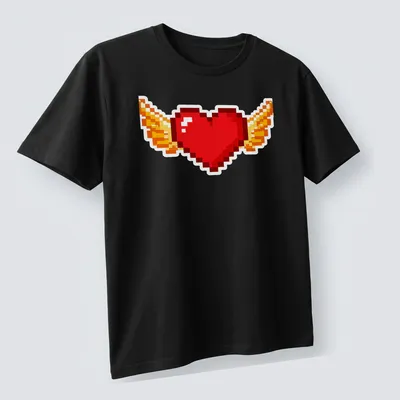 Retro pixel art t-shirt featuring a flying heart with wings in bright colors — printed on a unisex t-shirt (angled view)