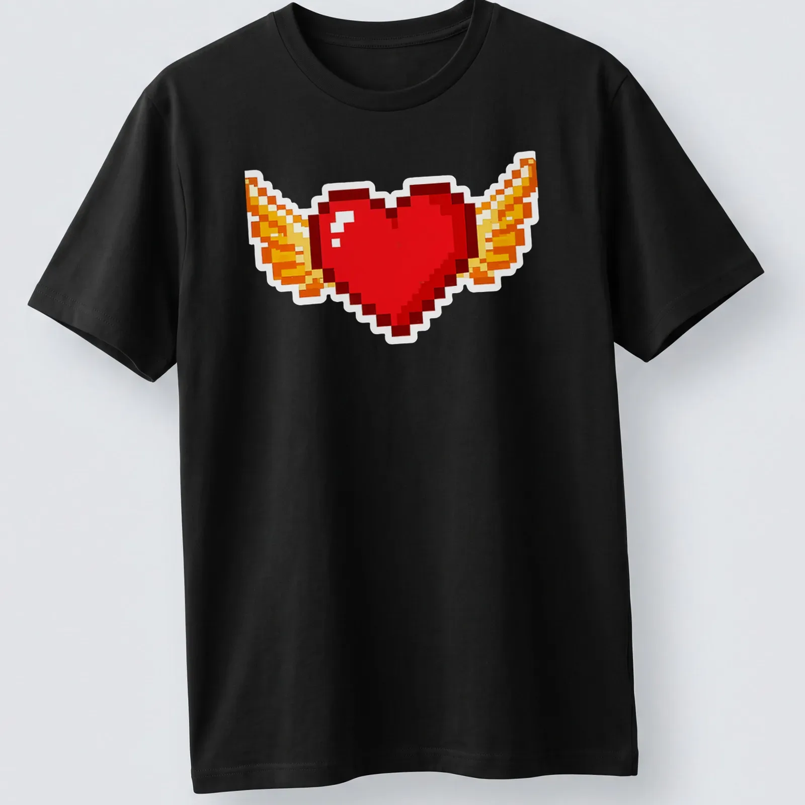 Retro pixel art t-shirt featuring a flying heart with wings in bright colors — printed on a unisex t-shirt