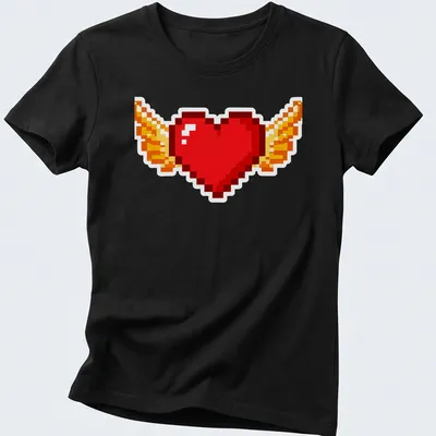 Retro pixel art t-shirt featuring a flying heart with wings in bright colors — printed on a women's shirt