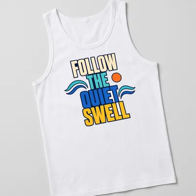 Bold colorful design of ocean waves with text 'Follow The Quiet Swell' — printed on a tank top