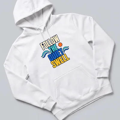 Bold colorful design of ocean waves with text 'Follow The Quiet Swell' — printed on a unisex hoodie