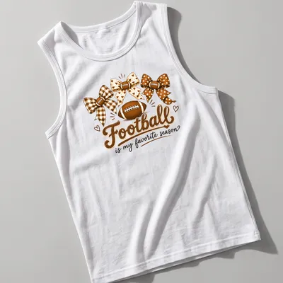 Whimsical design of footballs and bows with the text 'Football is my favorite season' — printed on a tank top