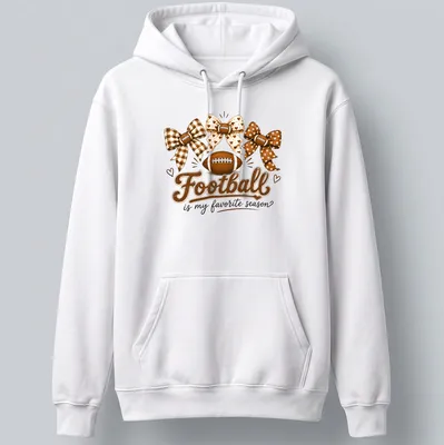 Whimsical design of footballs and bows with the text 'Football is my favorite season' — printed on a unisex hoodie