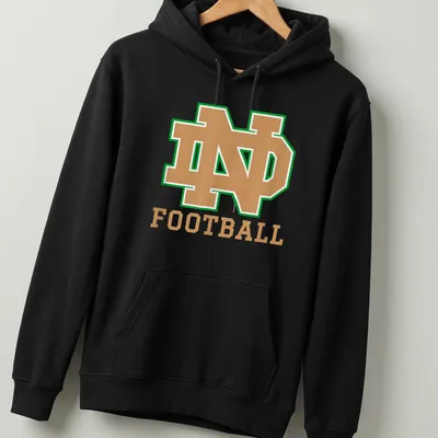 Bold collegiate Notre Dame Football shirt with green, gold, and white colors — printed on a unisex hoodie