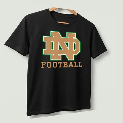 Bold collegiate Notre Dame Football shirt with green, gold, and white colors — printed on a unisex t-shirt (angled view)