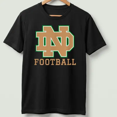 Bold collegiate Notre Dame Football shirt with green, gold, and white colors