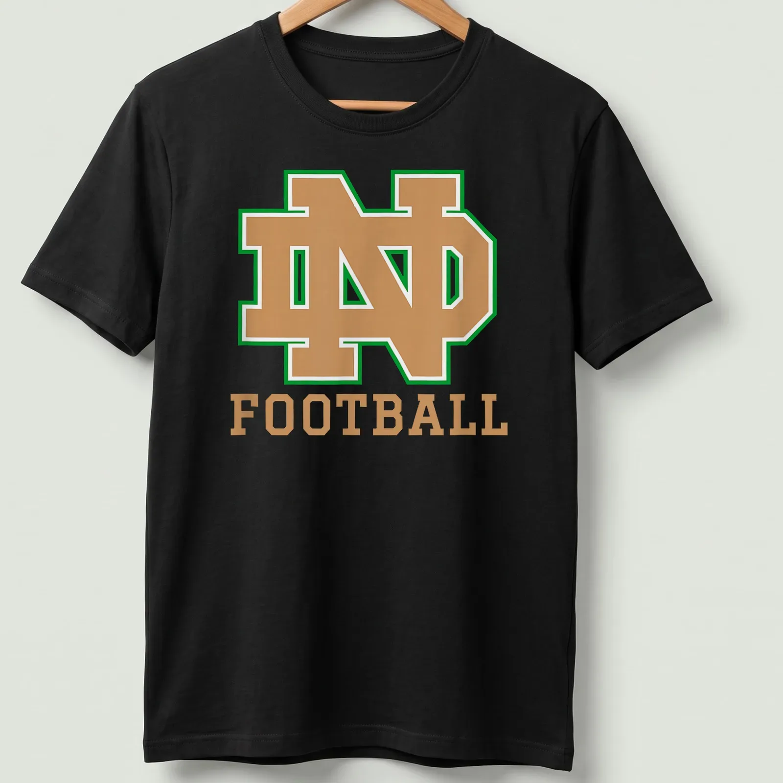 Bold collegiate Notre Dame Football shirt with green, gold, and white colors — printed on a unisex t-shirt