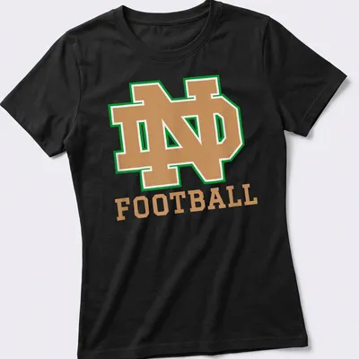 Bold collegiate Notre Dame Football shirt with green, gold, and white colors — printed on a women's shirt