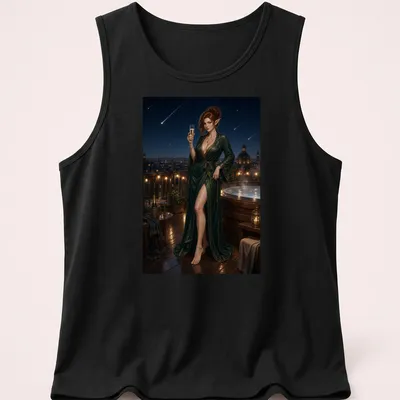 Elf woman in a green robe under a meteor shower in realistic fantasy style. — printed on a tank top