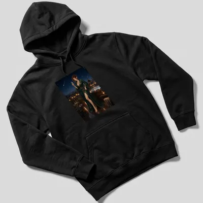 Elf woman in a green robe under a meteor shower in realistic fantasy style. — printed on a unisex hoodie