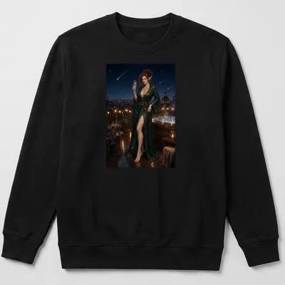 Elf woman in a green robe under a meteor shower in realistic fantasy style. — printed on a unisex sweatshirt