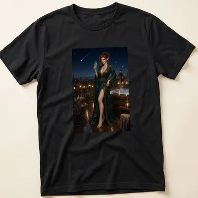 Elf woman in a green robe under a meteor shower in realistic fantasy style.