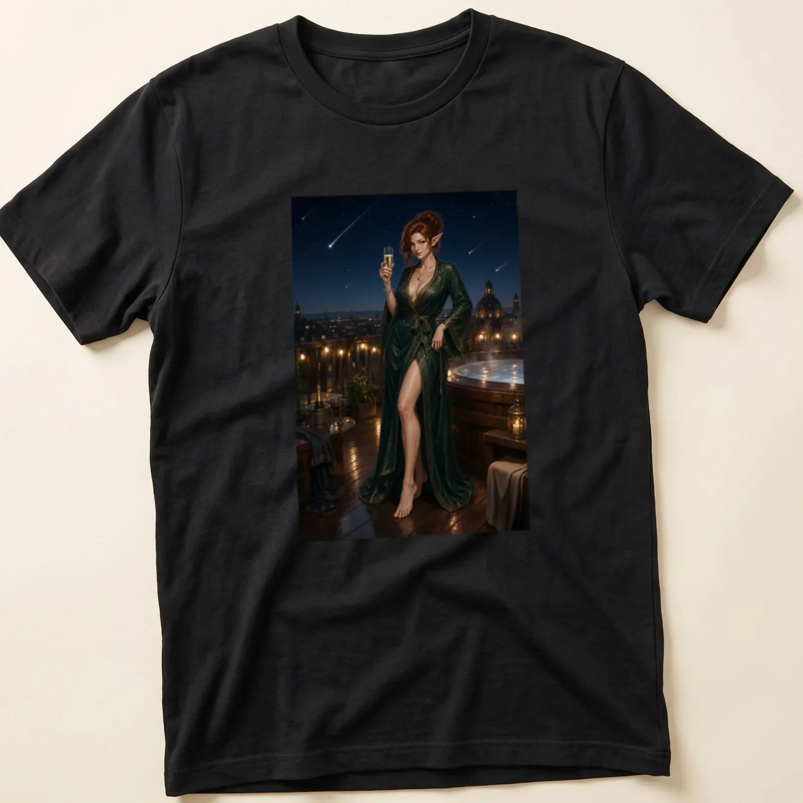 Elf woman in a green robe under a meteor shower in realistic fantasy style. — printed on a unisex t-shirt
