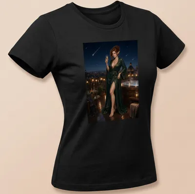 Elf woman in a green robe under a meteor shower in realistic fantasy style. — printed on a women's shirt