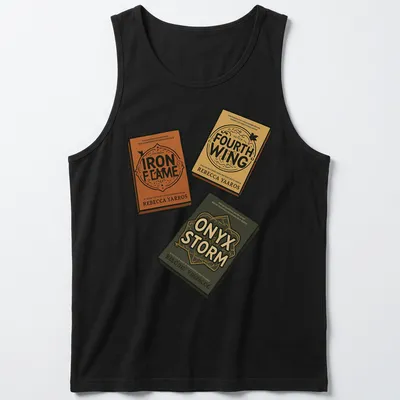 Vintage typography t-shirt showcasing titles from the Fourth Wing book pack — printed on a tank top
