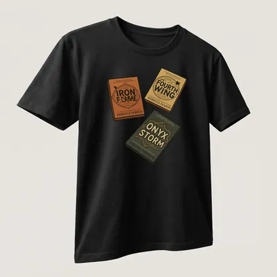 Vintage typography t-shirt showcasing titles from the Fourth Wing book pack — printed on a unisex t-shirt (angled view)