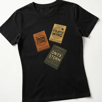 Vintage typography t-shirt showcasing titles from the Fourth Wing book pack — printed on a women's shirt