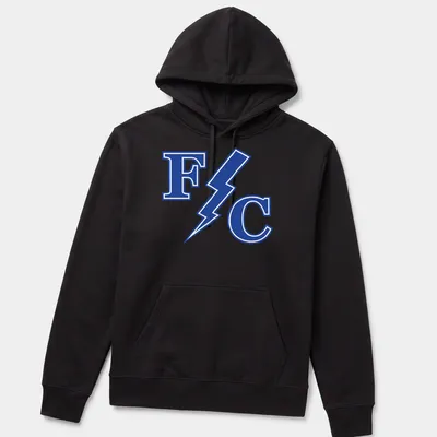 Franklin Central Flashes logo with 'F C' and lightning bolt in blue and white — printed on a unisex hoodie