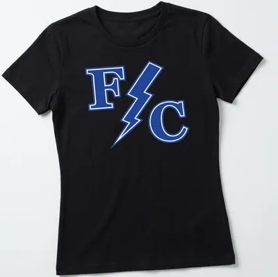 Franklin Central Flashes logo with 'F C' and lightning bolt in blue and white — printed on a women's shirt