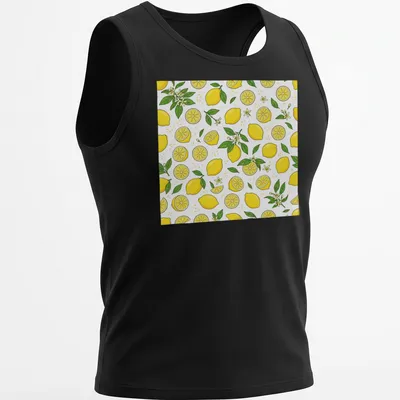 Pattern of bright yellow lemons with green leaves on a white background — printed on a tank top