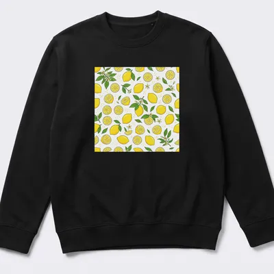 Pattern of bright yellow lemons with green leaves on a white background — printed on a unisex sweatshirt