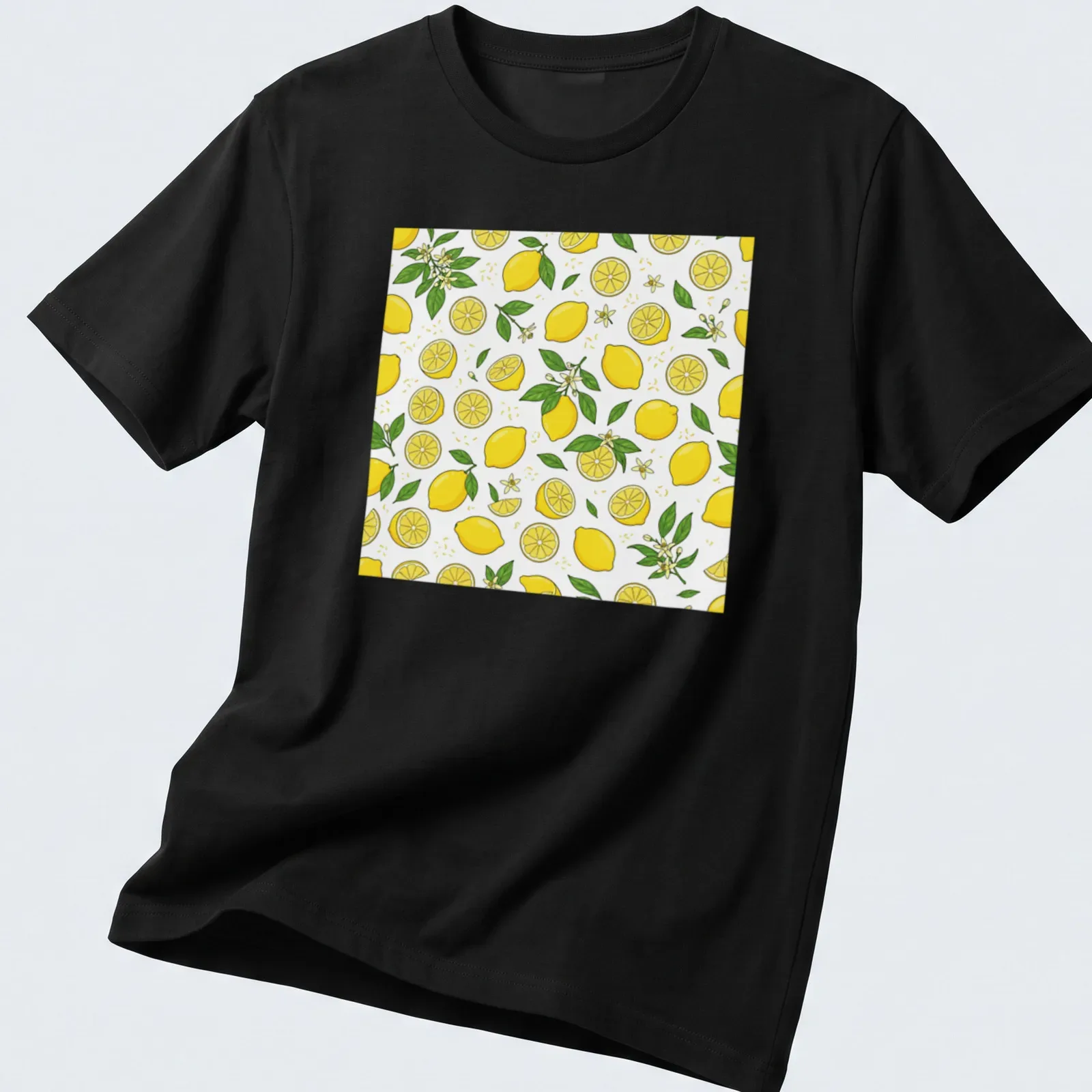 Pattern of bright yellow lemons with green leaves on a white background — printed on a unisex t-shirt