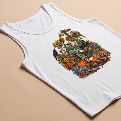 Whimsical skeleton gardener with pumpkins on a colorful — printed on a tank top