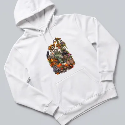Whimsical skeleton gardener with pumpkins on a colorful — printed on a unisex hoodie