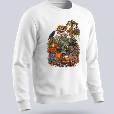 Whimsical skeleton gardener with pumpkins on a colorful — printed on a unisex sweatshirt