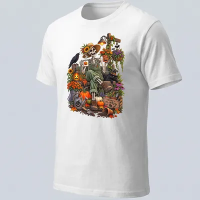 Whimsical skeleton gardener with pumpkins on a colorful T-shirt