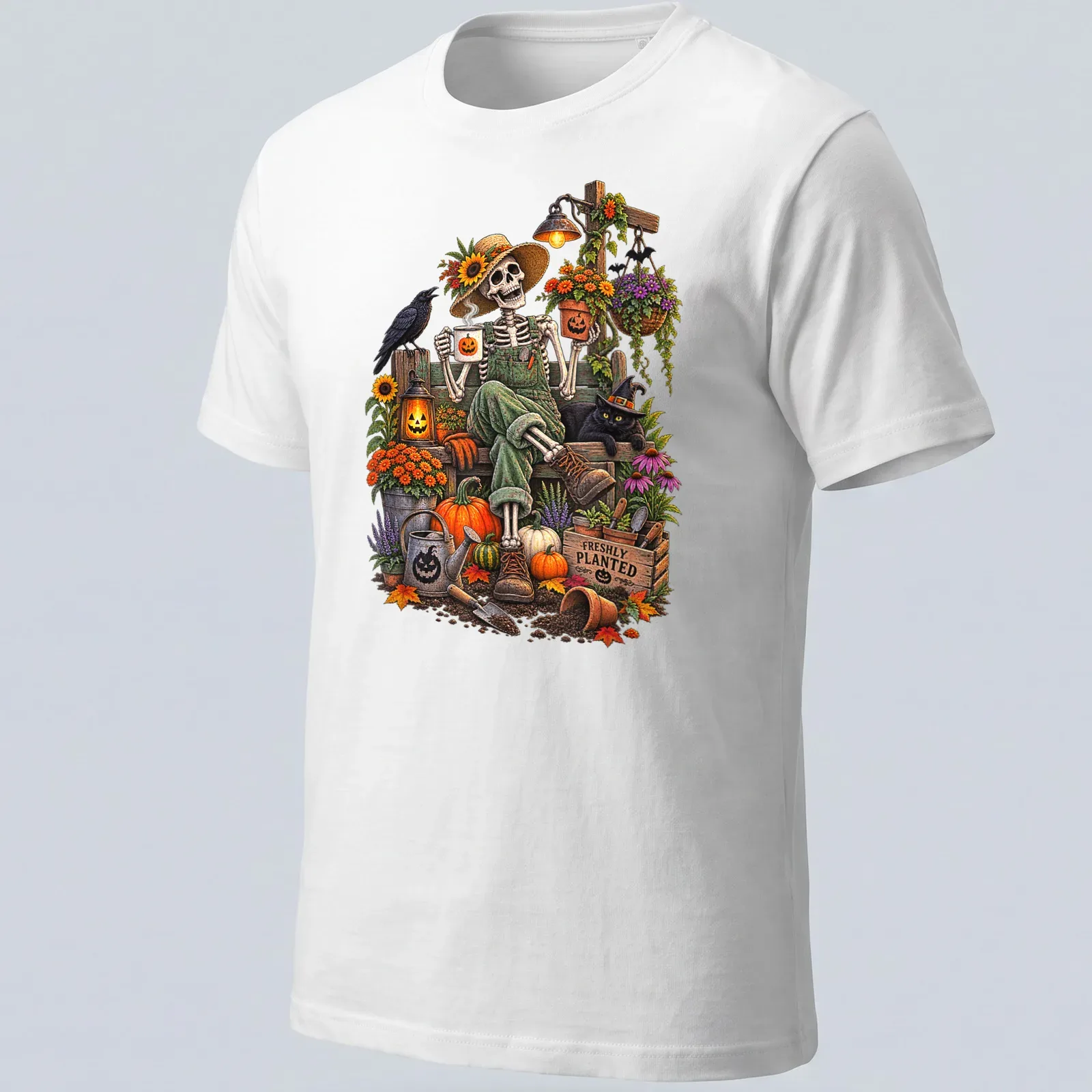 Whimsical skeleton gardener with pumpkins on a colorful — printed on a unisex t-shirt