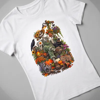 Whimsical skeleton gardener with pumpkins on a colorful — printed on a women's shirt