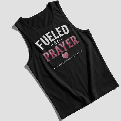 Bold typography t-shirt featuring a heart and the message about prayer — printed on a tank top