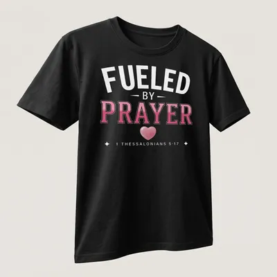 Bold typography t-shirt featuring a heart and the message about prayer — printed on a unisex t-shirt (angled view)