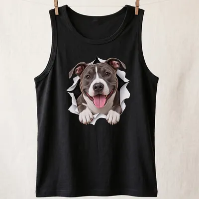 Realistic graphic of a cute American Staffordshire Terrier peeking out in gray, white, and black — printed on a tank top