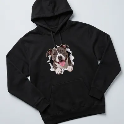 Realistic graphic of a cute American Staffordshire Terrier peeking out in gray, white, and black — printed on a unisex hoodie