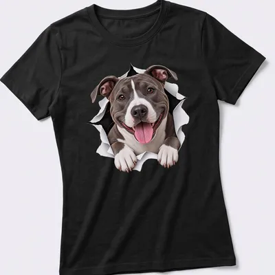 Realistic graphic of a cute American Staffordshire Terrier peeking out in gray, white, and black — printed on a women's shirt