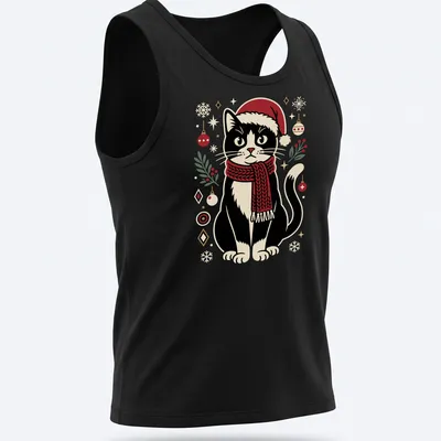 Retro cartoon black cat in Santa hat with Christmas toys in vibrant colors — printed on a tank top