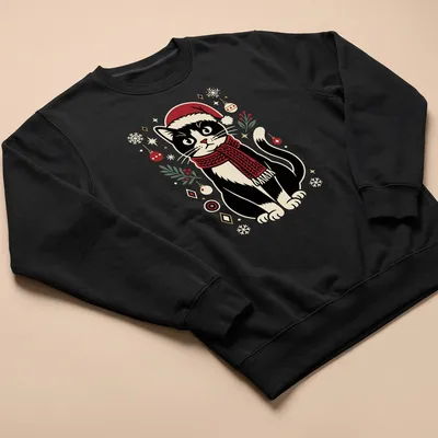 Retro cartoon black cat in Santa hat with Christmas toys in vibrant colors — printed on a unisex sweatshirt