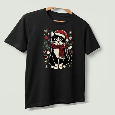 Retro cartoon black cat in Santa hat with Christmas toys in vibrant colors — printed on a unisex t-shirt (angled view)
