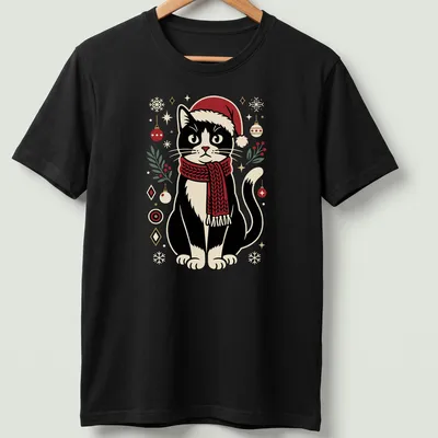 Retro cartoon black cat in Santa hat with Christmas toys in vibrant colors — printed on a unisex t-shirt