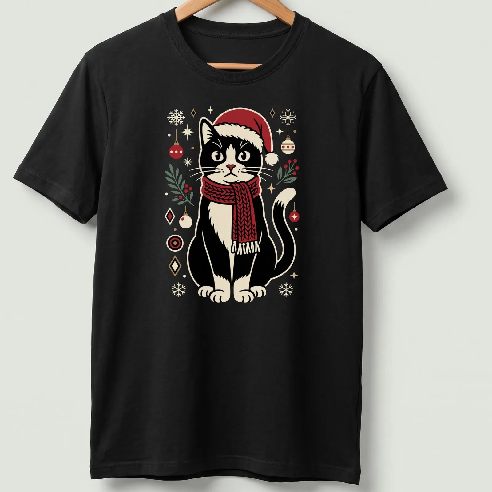 Retro cartoon black cat in Santa hat with Christmas toys in vibrant colors — printed on a unisex t-shirt
