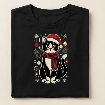 Retro cartoon black cat in Santa hat with Christmas toys in vibrant colors — printed on a women's shirt